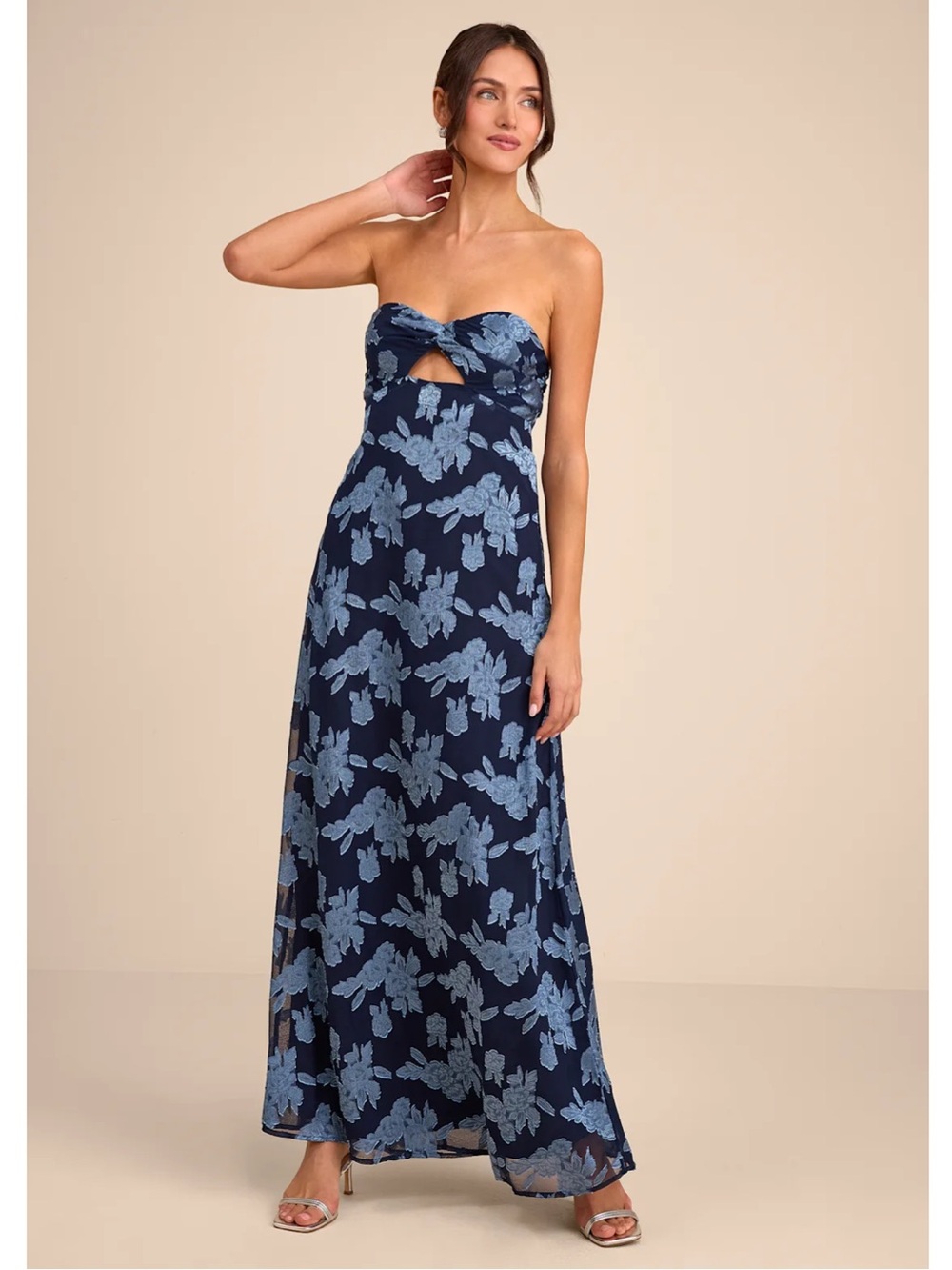 Lulus Danae Navy Blue Floral Jacquard Strapless Chiffon Maxi Dress Event - Picture 3 of 14